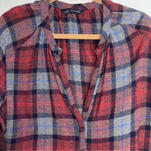 Zara Women's Medium Plaid Button Shirt V-neck Tunic Top Western Fall - Picture 3 of 8